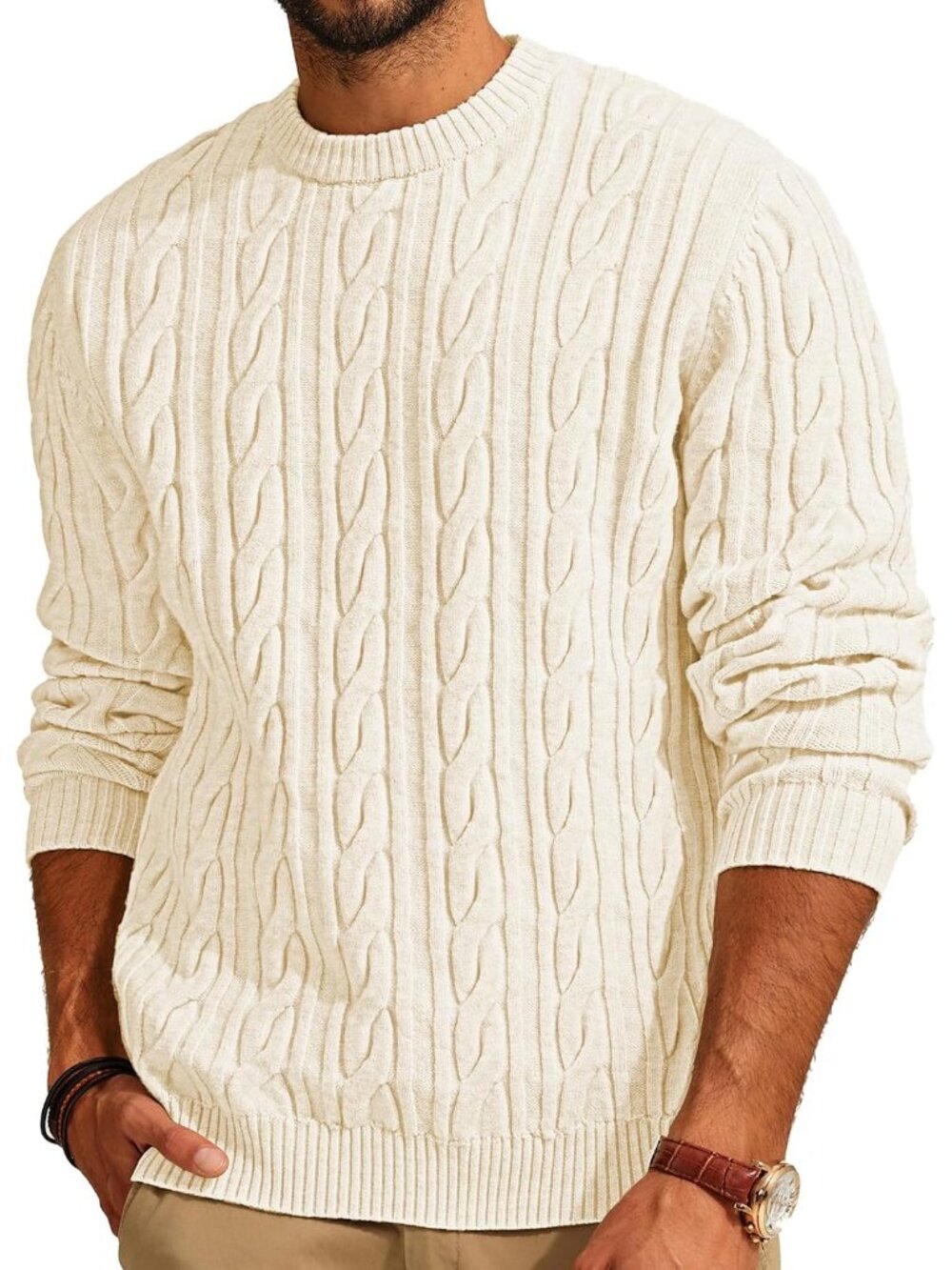🆕Men's White Cable Knit Crewneck Pullover Sweater Twist Textured Knit Casual